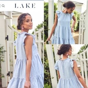 LAKE Helen Blue Linen Boho Cottagecore, Ruffle, Knee Length Dress